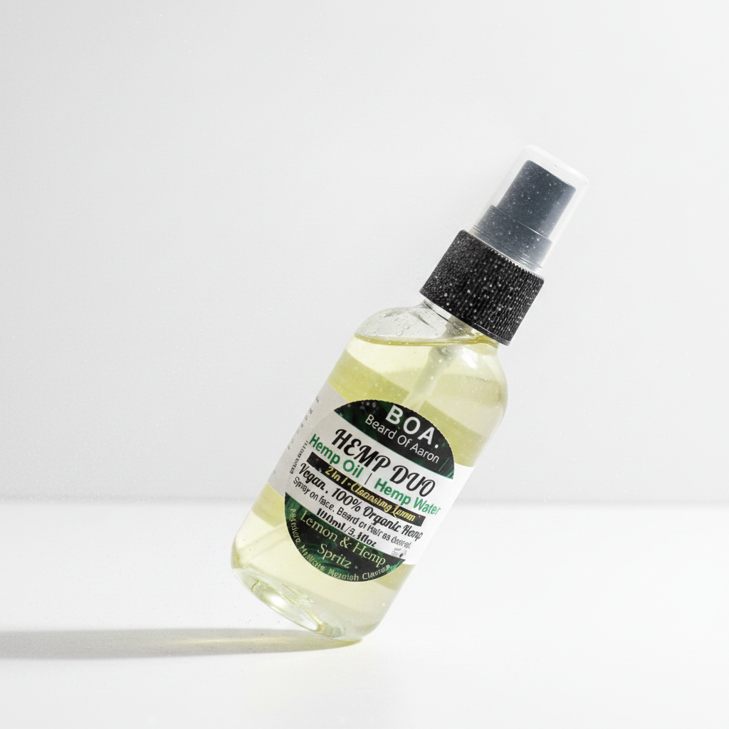 BOA Natural Care Botanicals Hemp Doo Hemp Oil Health Water in a clear spray bottle with a black textured spray top, shown on a plain white background.