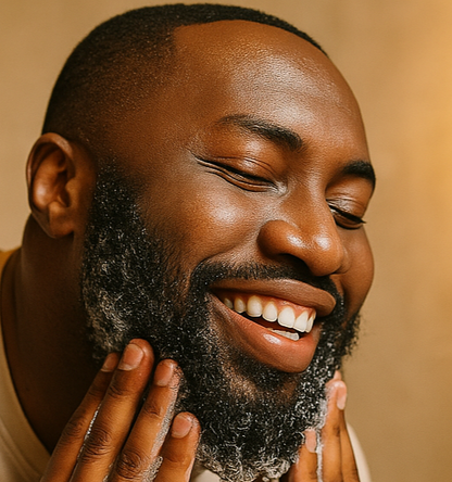 Black man washing his beard joyfully